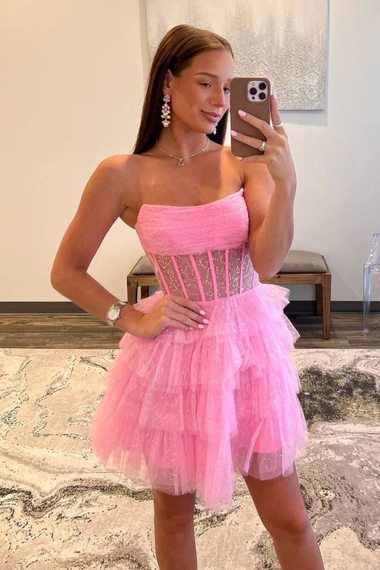 DingJiDress Homecoming Dress Pink Strapless A-Line Tulle Ruffle Graduation Dresses