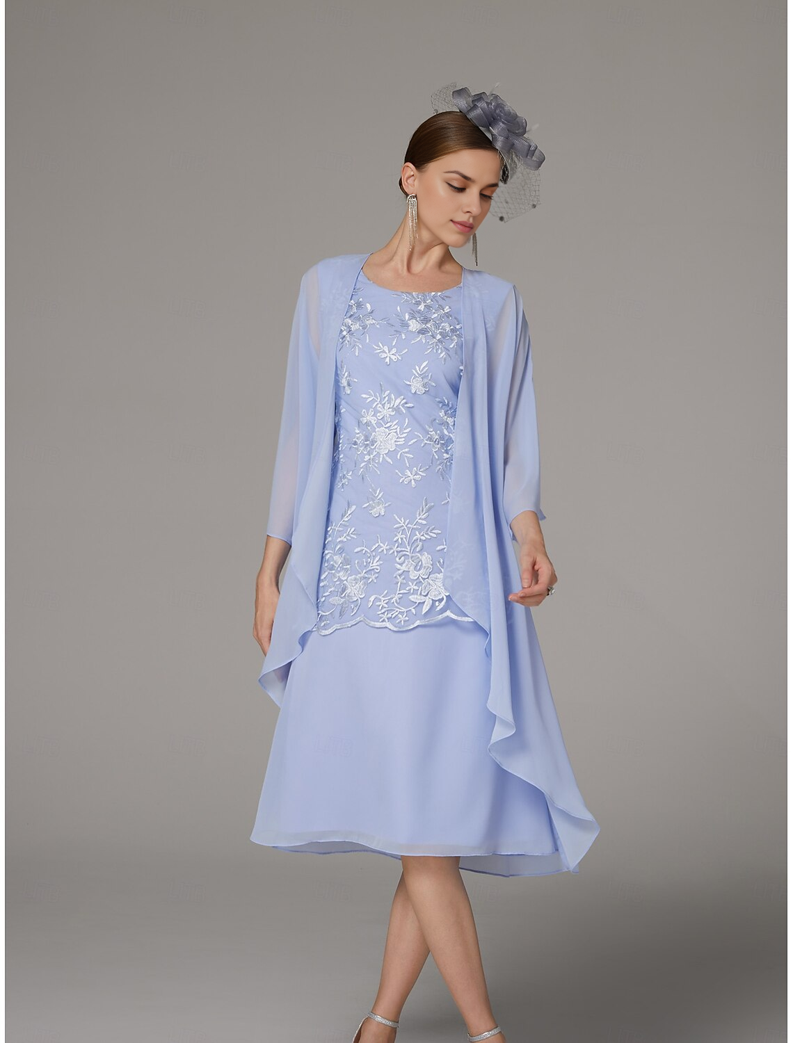 DingJiDress November December Autumn Winter Wedding Guest Dress Two Piece Sheath / Column Pantsuit Elegant Jewel Neck Tea Length Chiffon Lace Sleeveless Jacket Dresses with Appliques Mother of the Groom / Bride Dresses