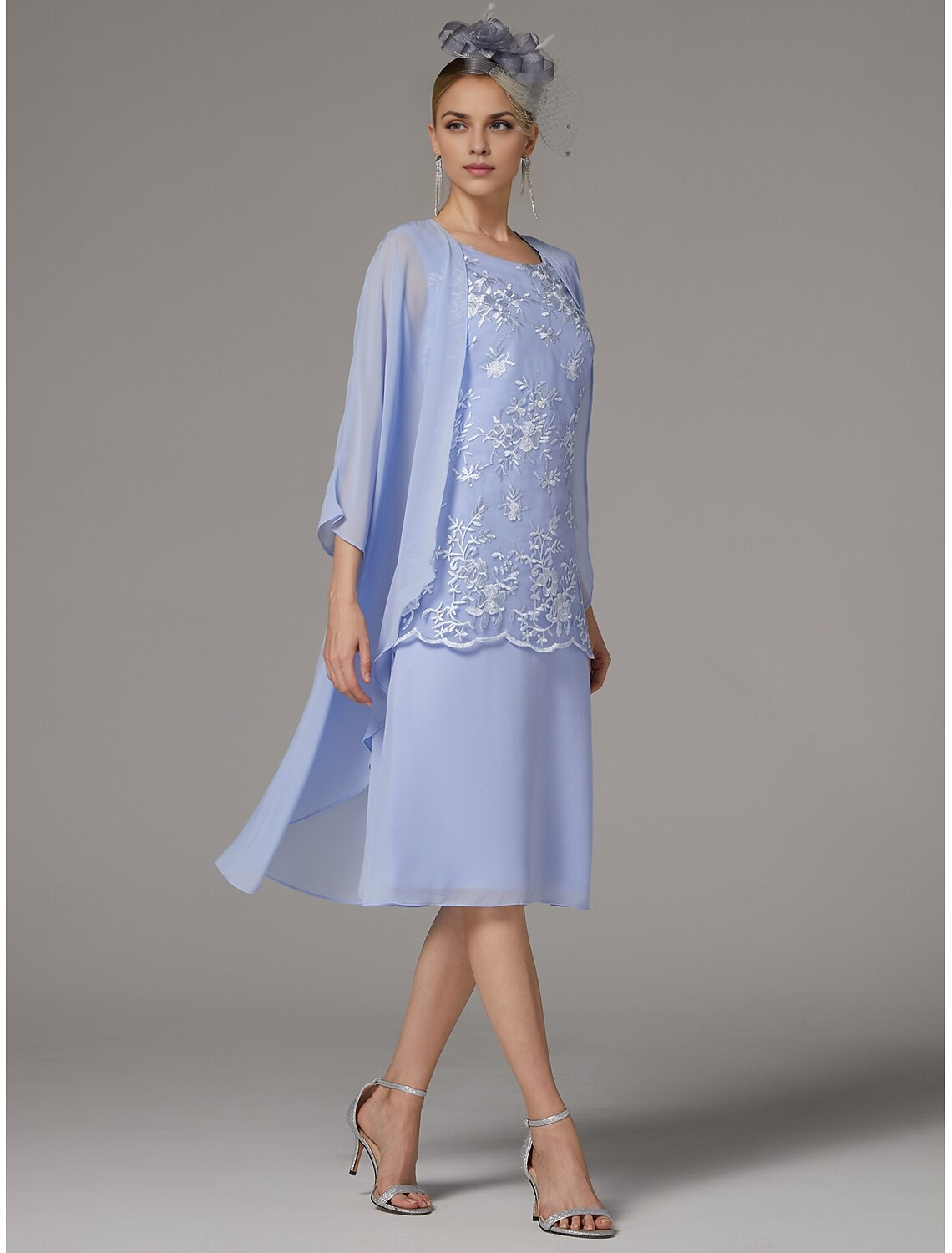 DingJiDress November December Autumn Winter Wedding Guest Dress Two Piece Sheath / Column Pantsuit Elegant Jewel Neck Tea Length Chiffon Lace Sleeveless Jacket Dresses with Appliques Mother of the Groom / Bride Dresses