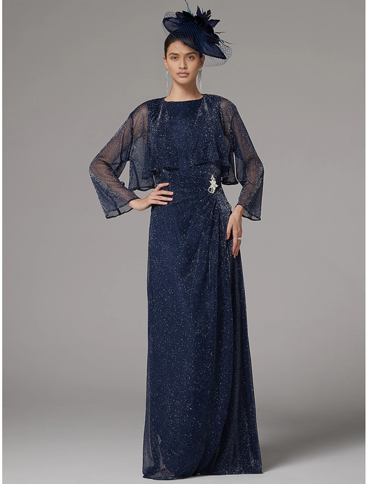 DingJiDress November December Autumn Winter Wedding Guest Dress Two Piece Sheath / Column Dress Suit Elegant Sparkle & Shine Jewel Neck Floor Length Chiffon Long Sleeve with Buttons Mother of the Groom / Bride Dresses