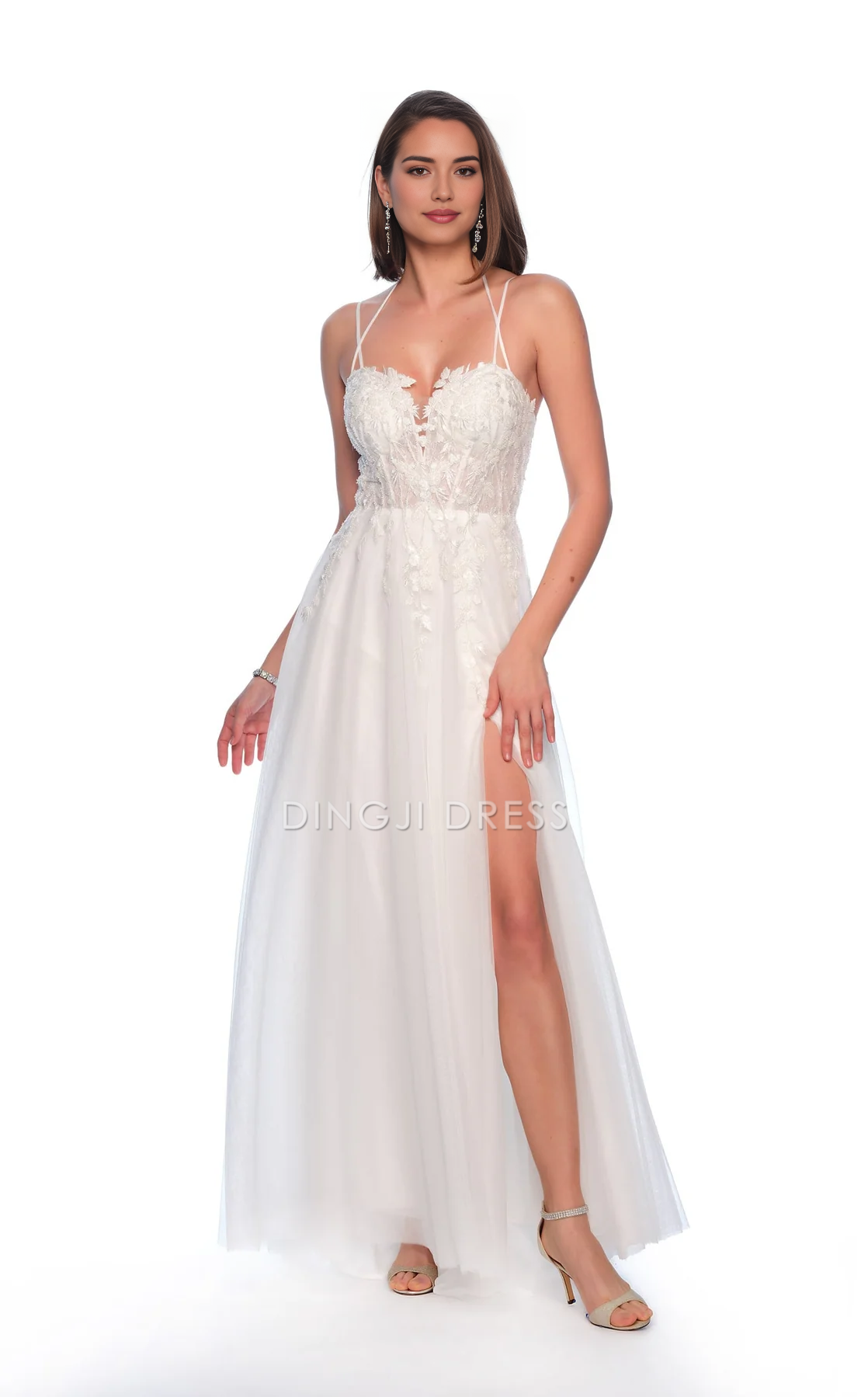 DingJiDress Hot Sale Wedding Dress Exquisite A Line Sweetheart Neckline Spaghetti Strap Lace Applique Side Fork Backless Romantic Formal Wear Dresses