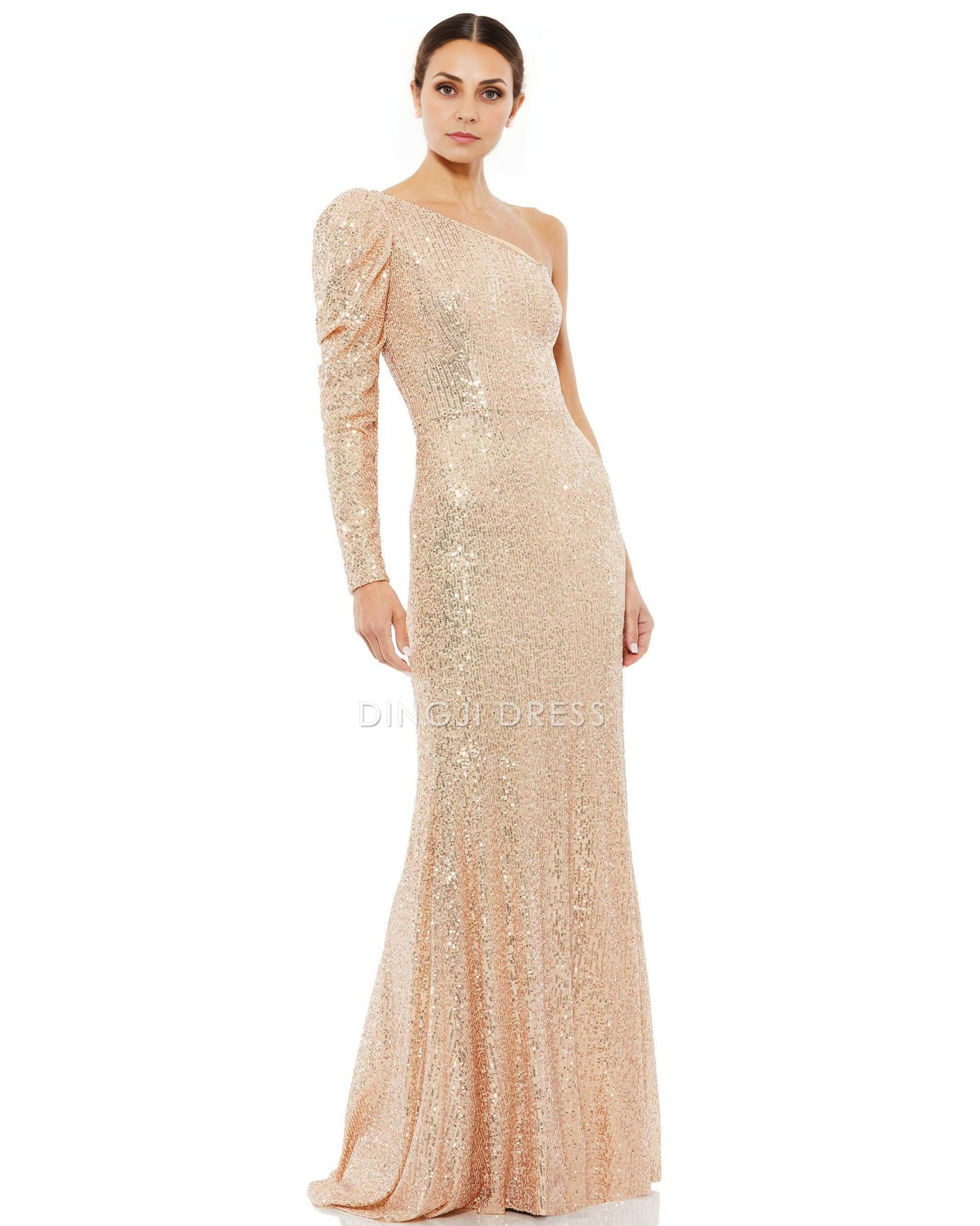 DingJiDress Evening Dress Fashion One Shoulder With a Puff Long Sleeve Sparkle Long Mother Of The Bride Dress