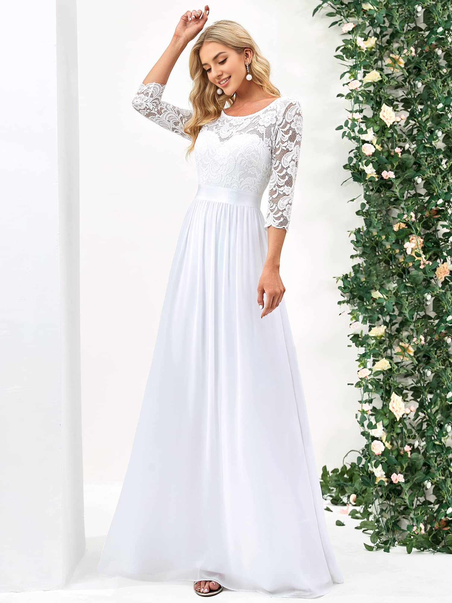 DingJiDress Wedding Dress A-line Round Neck Lace 3/4 Sleeve Chiffon Elegant Simple Formal Women's Dresses