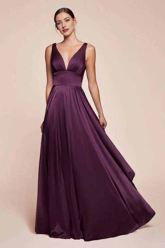 DingJiDress November December Wedding Guest Dress Satin A-Line Deep V-Neck Open Front Leg Slit Backless Formal Party Dress
