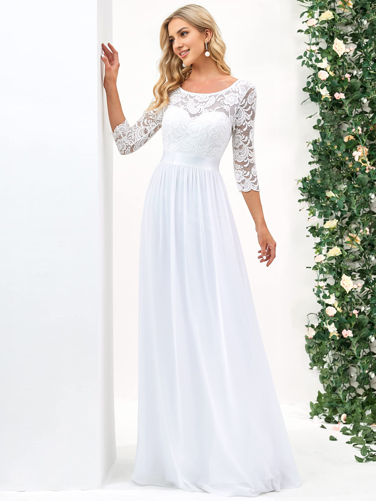 DingJiDress Wedding Dress A-line Round Neck Lace 3/4 Sleeve Chiffon Elegant Simple Formal Women's Dresses