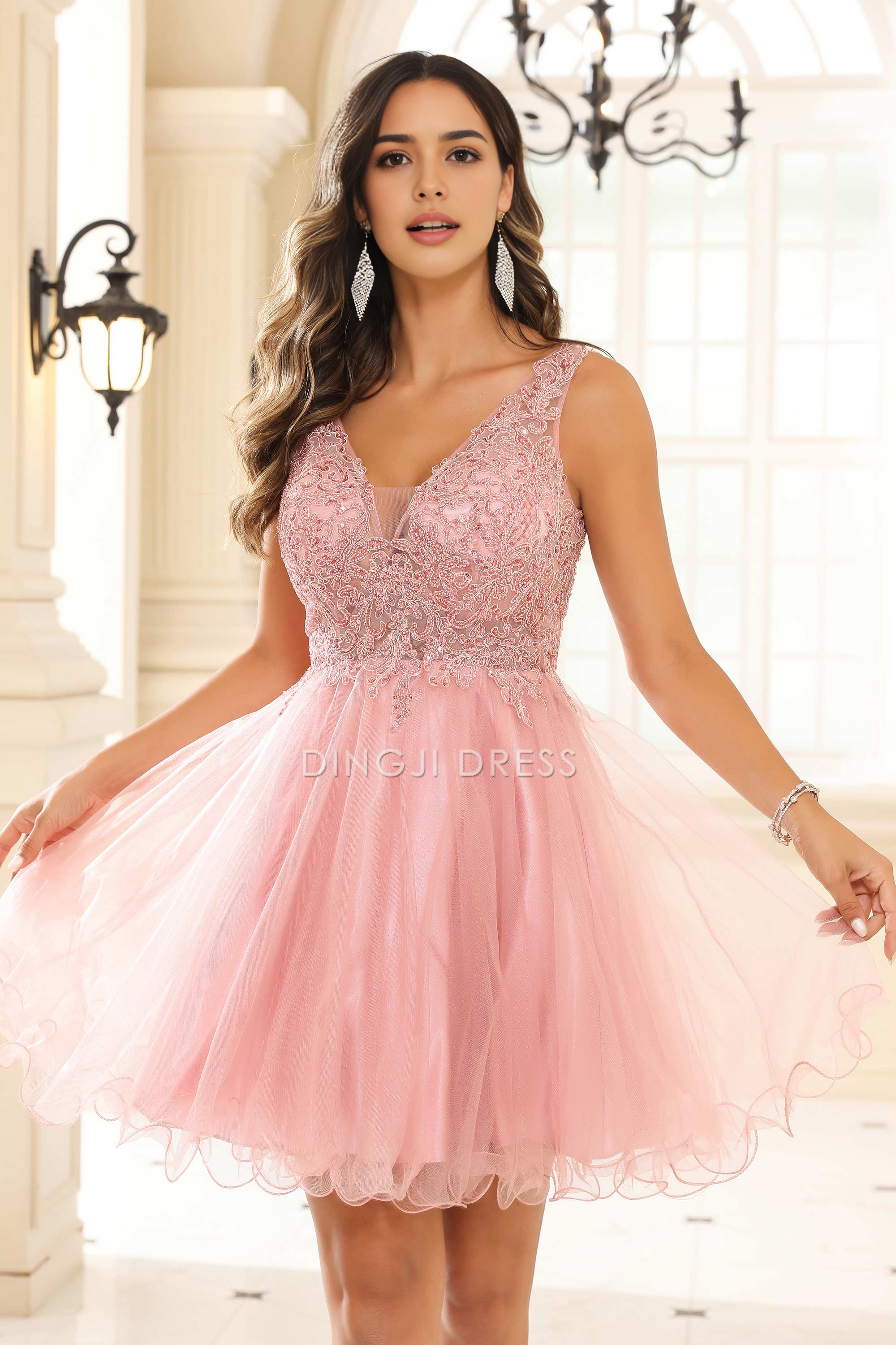 DingJiDress Hot Sale Homecoming Dress Exquisite A-Line V-Neck Sleeveless Ruched Tulle Sexy Mini Dress