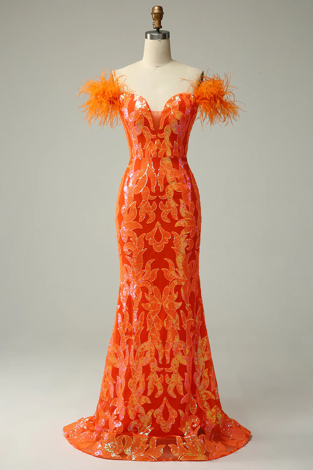 DingJiDress Orange Sequins Off the Shoulder Mermaid Prom Dress with Feathers