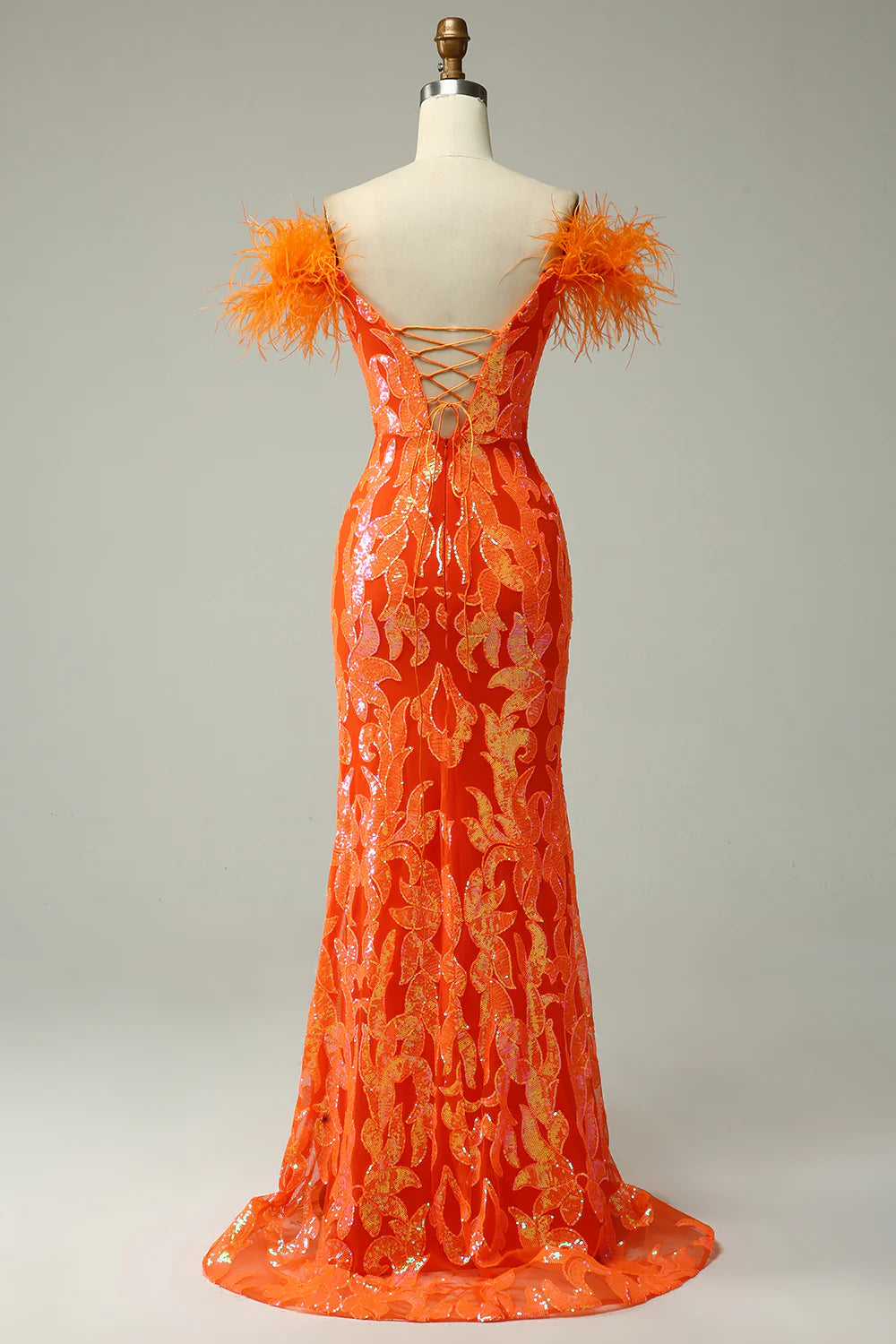 DingJiDress Orange Sequins Off the Shoulder Mermaid Prom Dress with Feathers