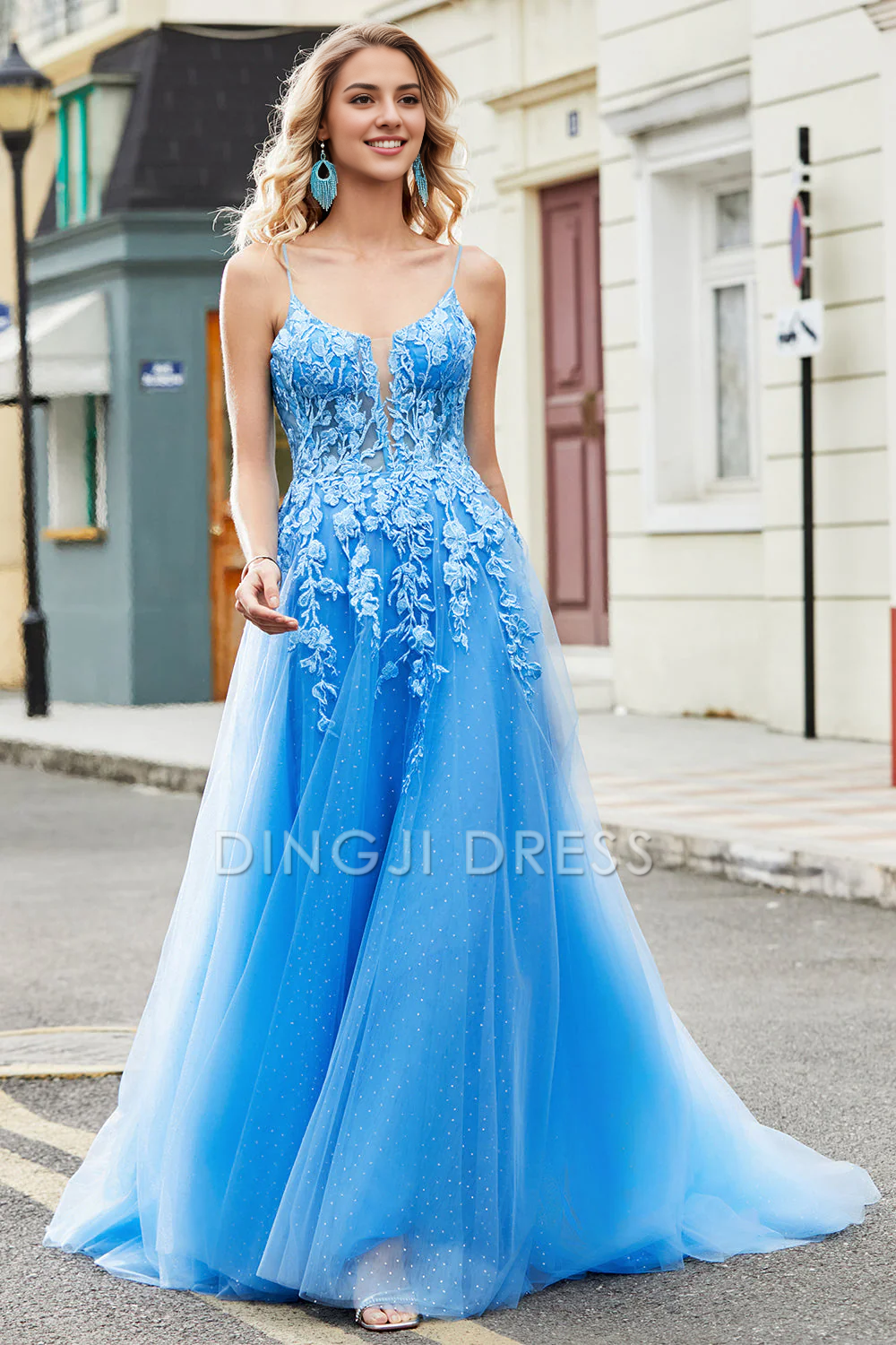 DingJiDress High Quality Dress Evening Dress Gorgeous A Line Spaghetti Straps Lace Appliques Backless Fantastic Long Prom Dress