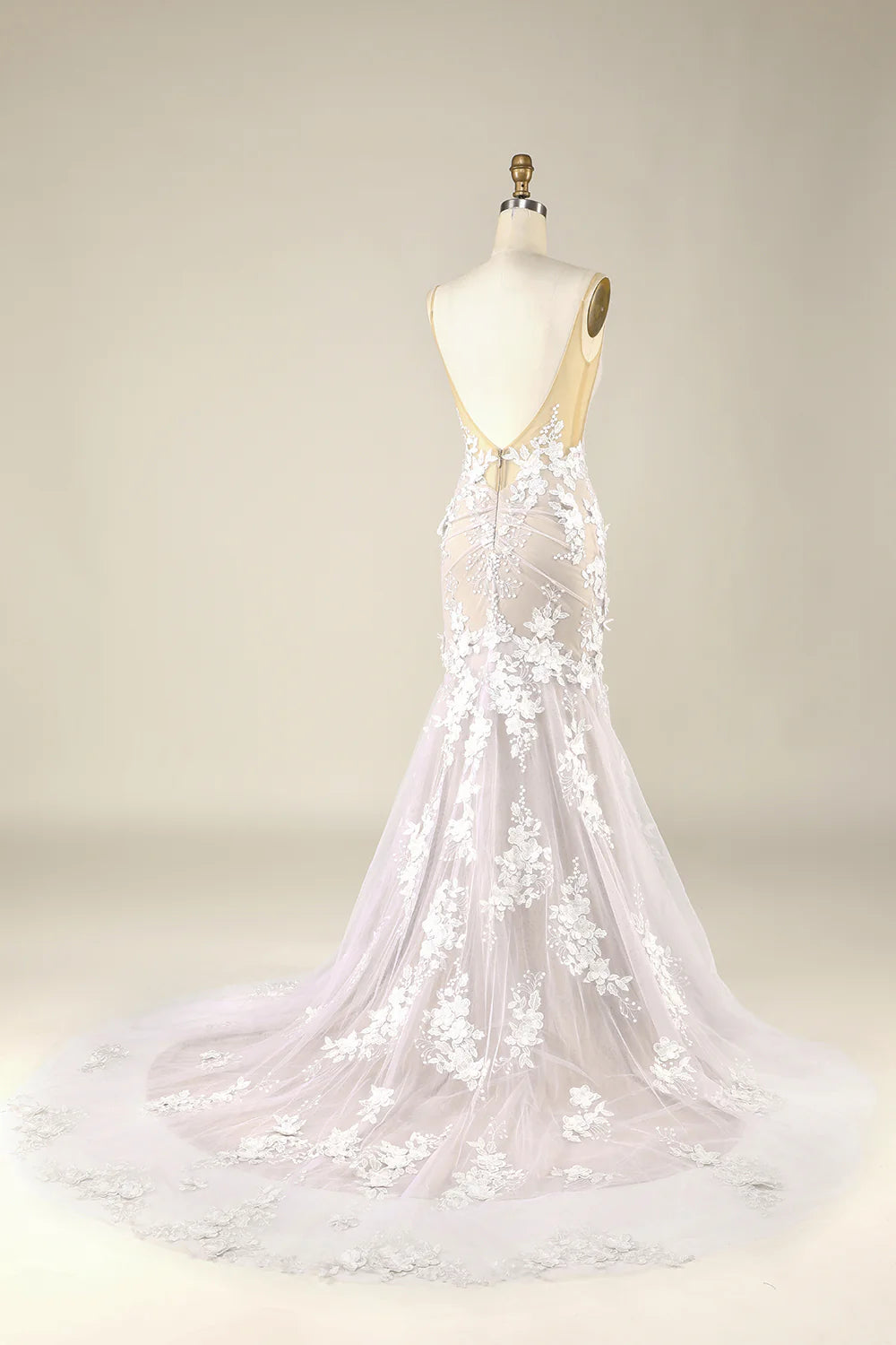 DingJiDress Ivory Mermaid Illusion Boat Neck Lace Wedding Dress