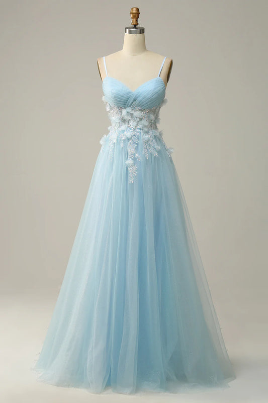 DingJiDress High Quality Dress Evening Dress Elegant A Line V Neck Pleated Spaghetti Straps flower Tulle Fantastic Long Prom Dress