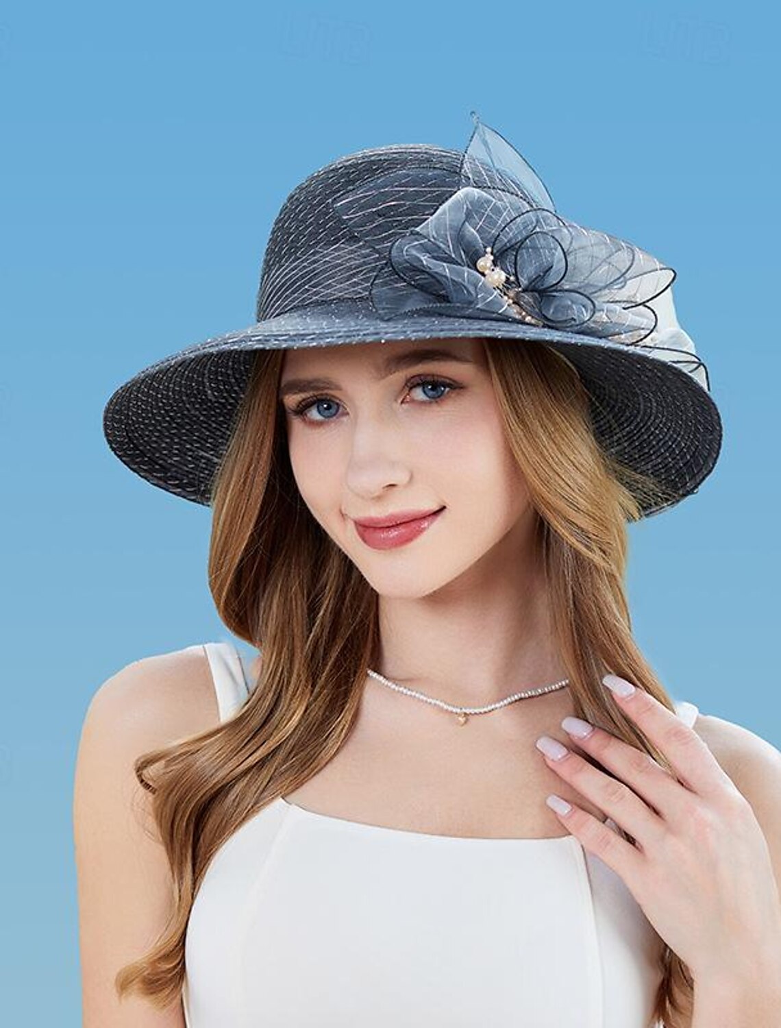 DingJiDress Hats synthetic fibre Tea Party Kentucky Derby Classic Sun Protection With Pearls Headpiece Headwear