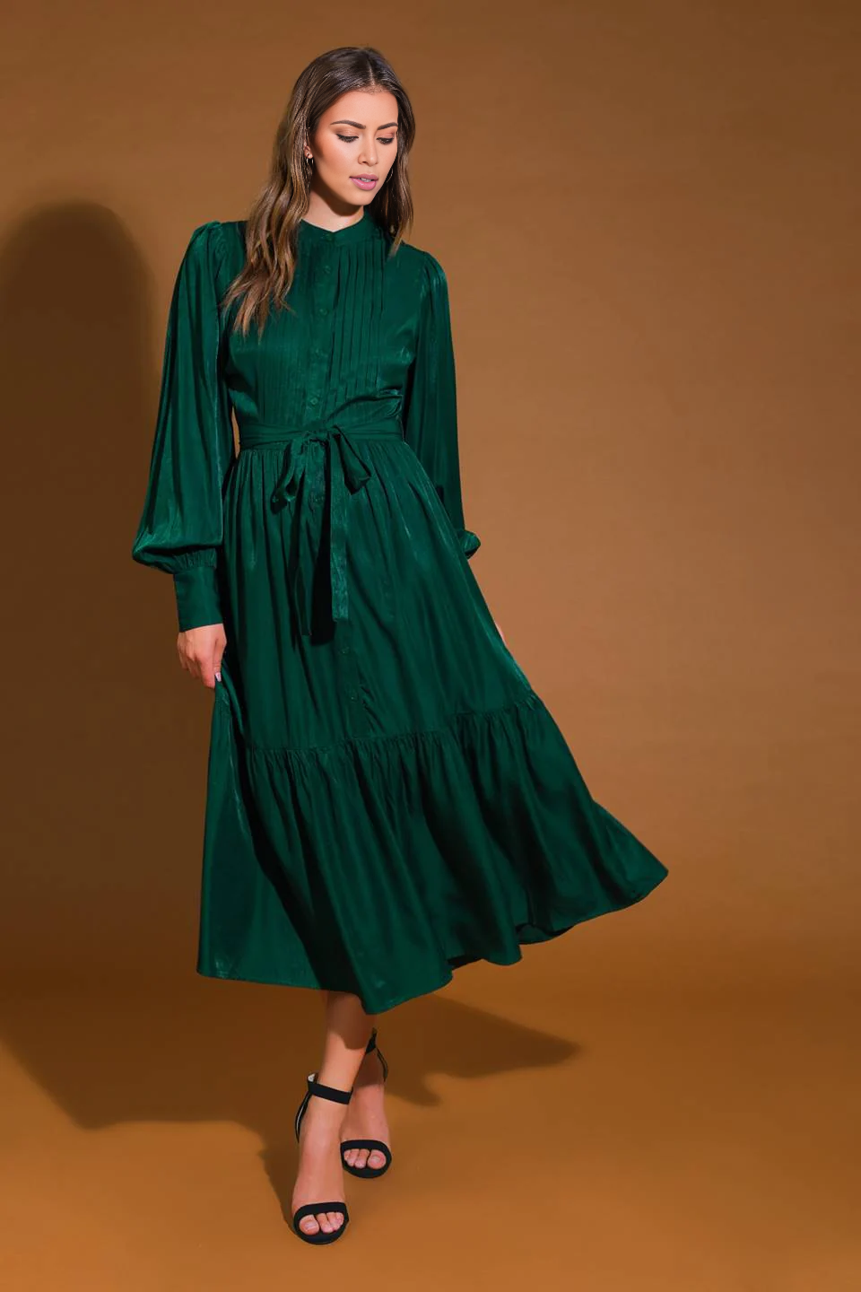 DingJiDress November December Wedding Guest Dress Featuring Round Neckline Long Sleeve With Cuff Bodice Pleating Detail Self Sash Tie Button Down Ruffled Hemline Formal Party Dress