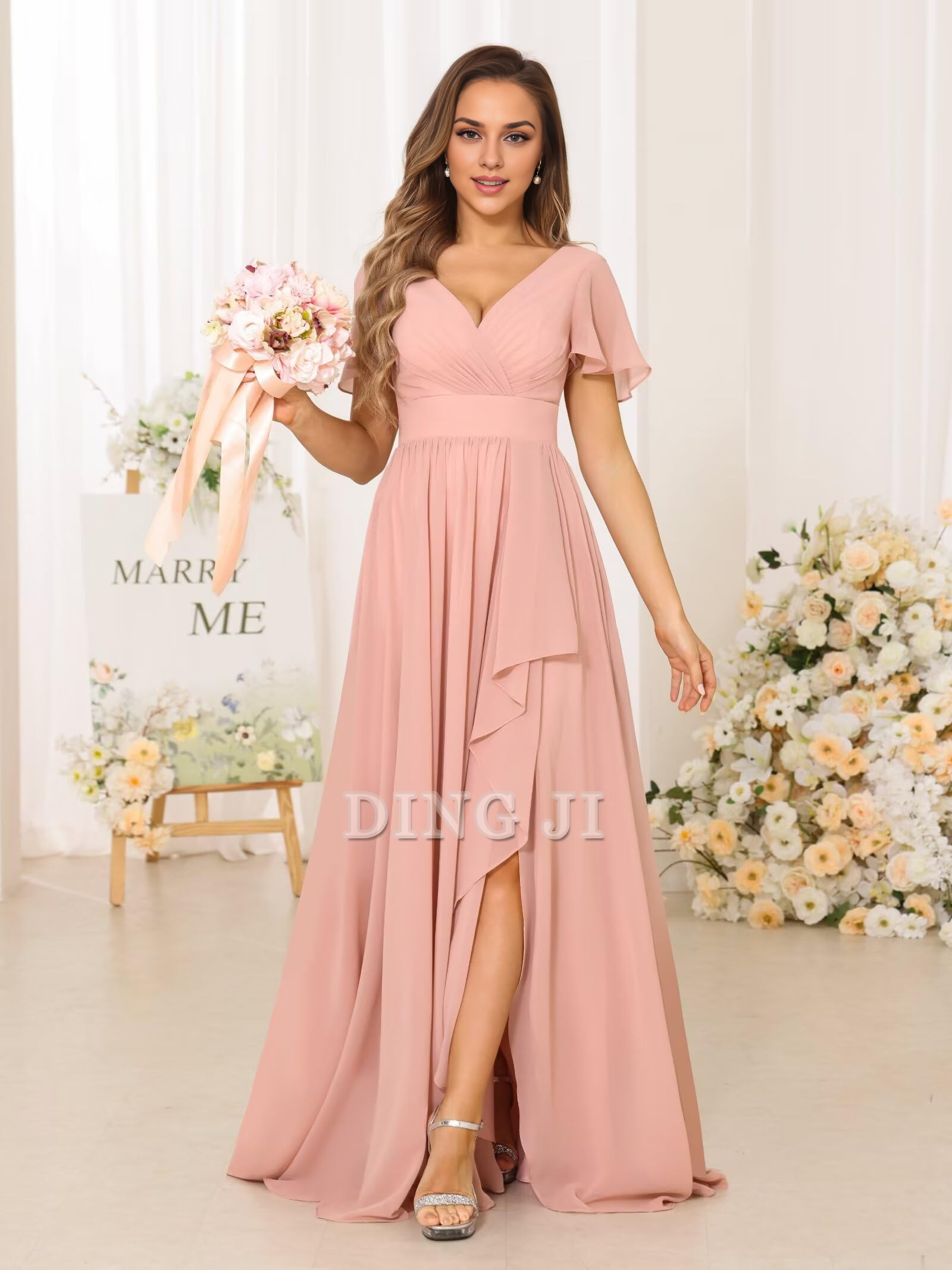 DingJiDress Bridesmaid Dresses Elegant V Neck Chiffon Pleated Side Fork Exquisite Formal Wear Dresses
