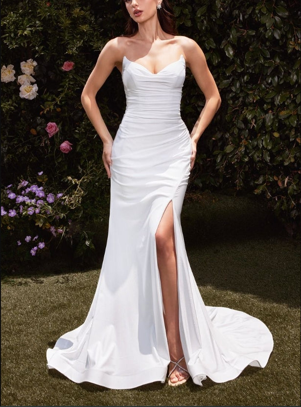 DingJiDress Wedding Dress December Wedding Stretch Spandex Satin Lace-up Corset Back Closure Strapless Pointed V-Neckline Gathered Waistline Leg Slit Dress