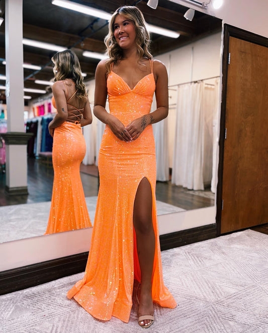DingJiDress Sparkle Mermaid Spaghetti Straps Lace Up-Corset With Split Charming Prom Dress