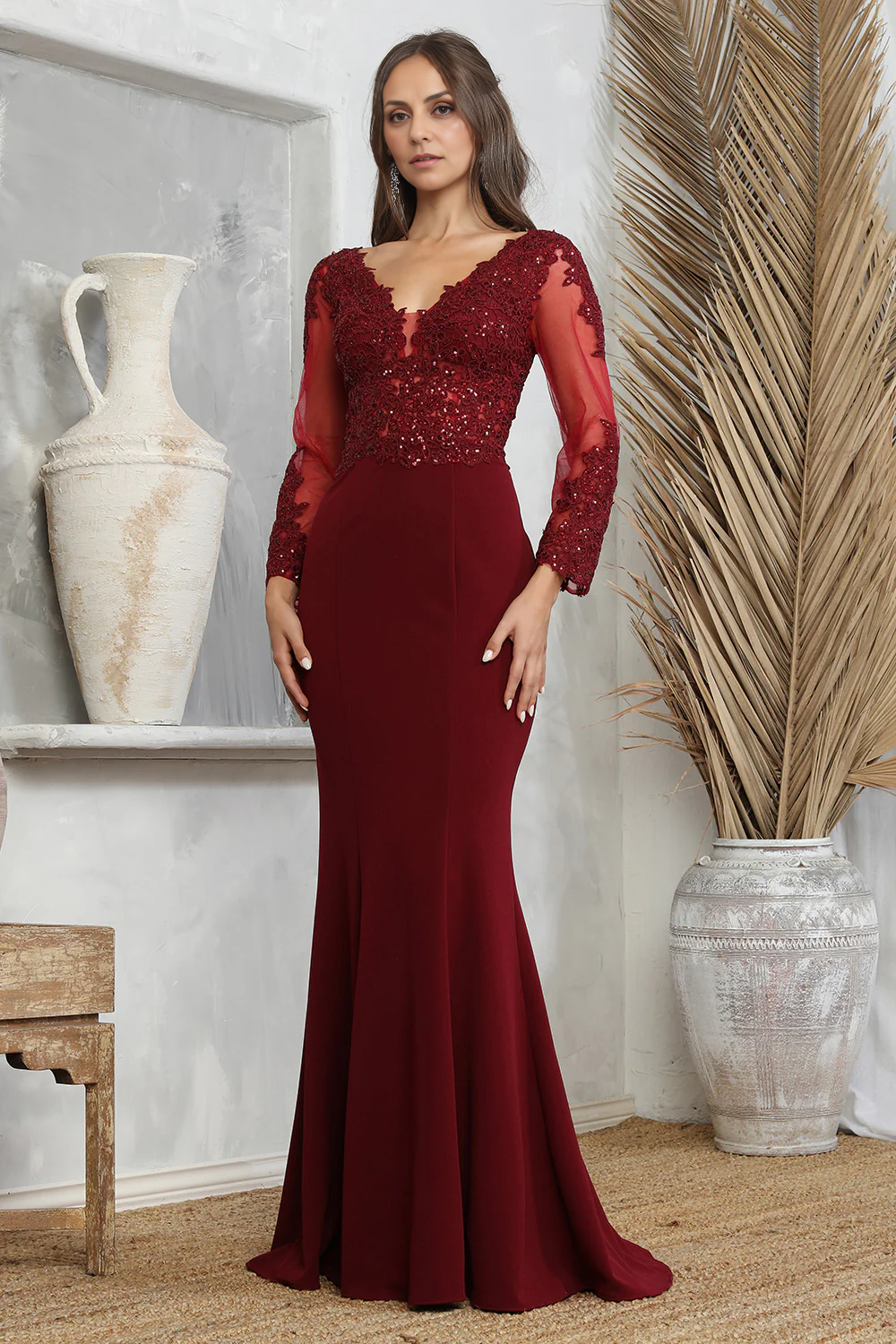 DingJiDress Evening Dress Elegant Mermaid V Neck Long sleeves Lace Applique Long Mother Of The Bride Dress