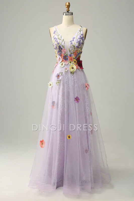 DingJiDress High Quality Dress Evening Dress Exquisite A Line Deep V Neck Romantic Appliques Backless Long Prom Dress