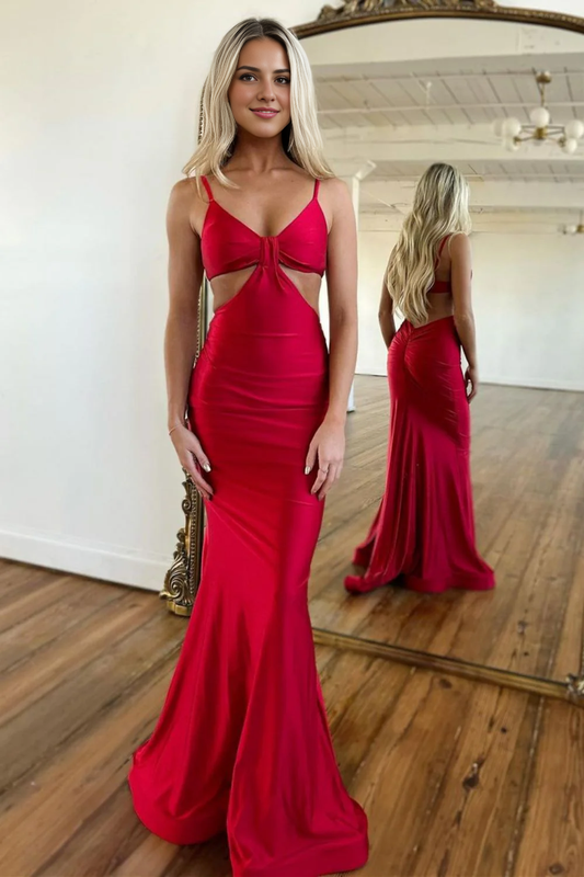 DingJiDress Stylish Mermaid Spaghetti Straps Long Backless Satin Fashion Simple Prom Dress