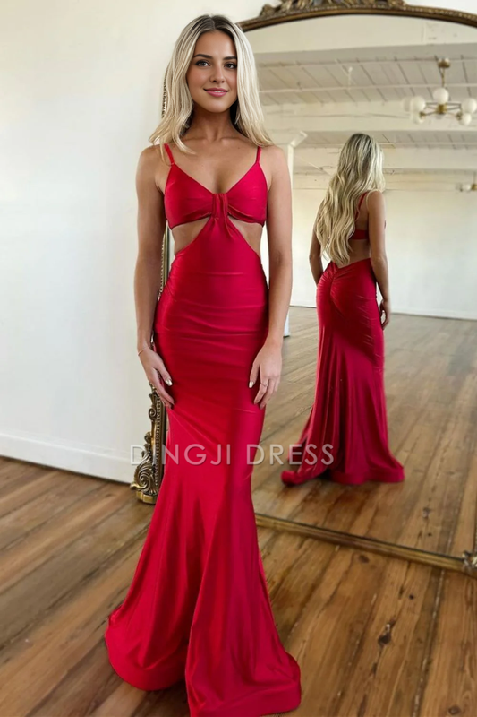 DingJiDress Stylish Mermaid Spaghetti Straps Long Backless Satin Fashion Simple Prom Dress