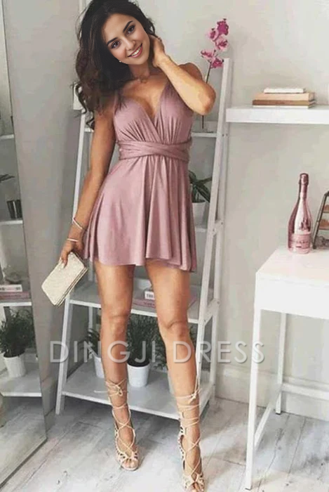 DingJiDress Short Prom Dress A-Line Deep V-Neck Lace-Up Chiffon Sexy Party Dress Simple Best Selling Homecoming Dress