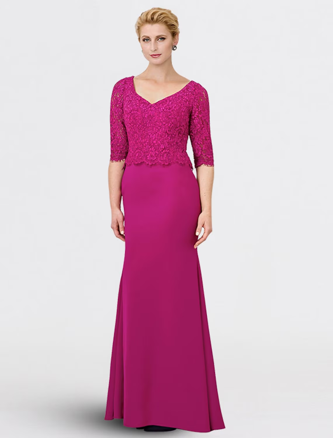 Mother of the Bride Dress Elegant V Neck Floor Length Chiffon Lace Half Sleeve with Appliques