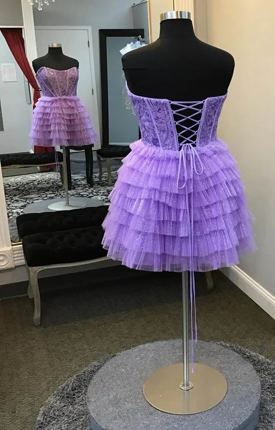 DingJiDress Homecoming Dress Purple Strapless Multi-Layer with Lace-up