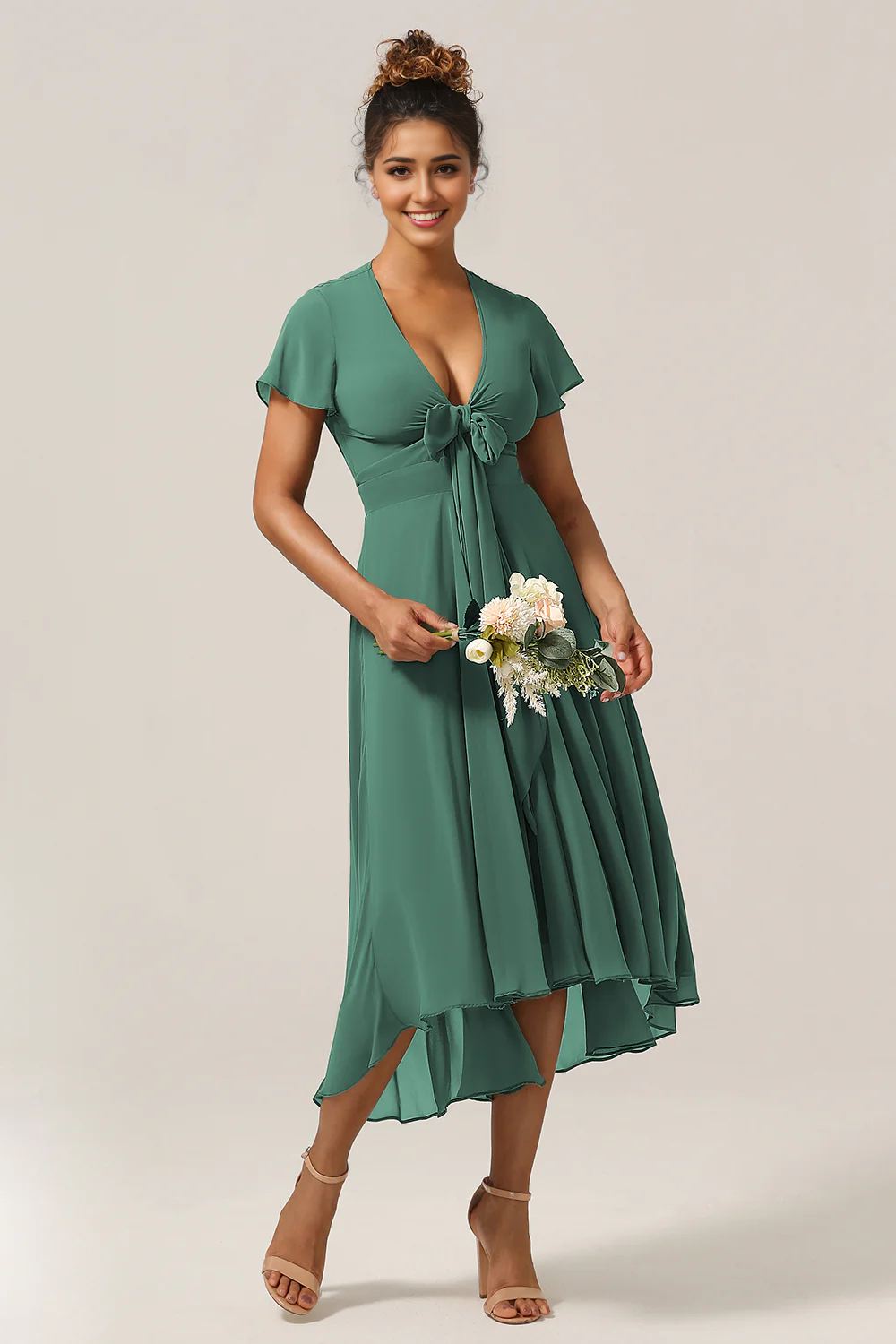 DingJiDress A Line Bridesmaid Dress V-Neck Short Sleeves Eucalyptus With Bow