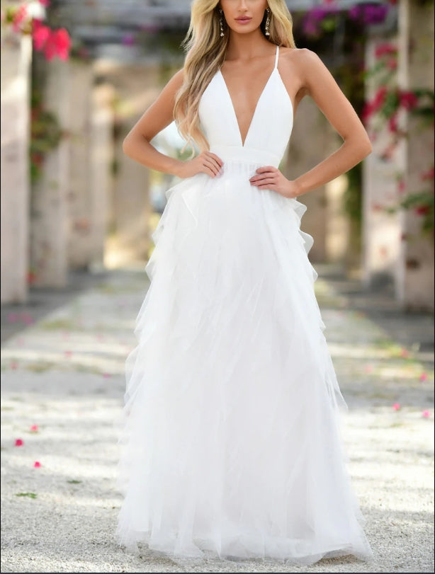 DingJiDress Wedding Dress December Wedding A-line sleeveless plunge V-neckline pleated bust adjustable spaghetti straps layered Irregular Unique Fantastic Dress