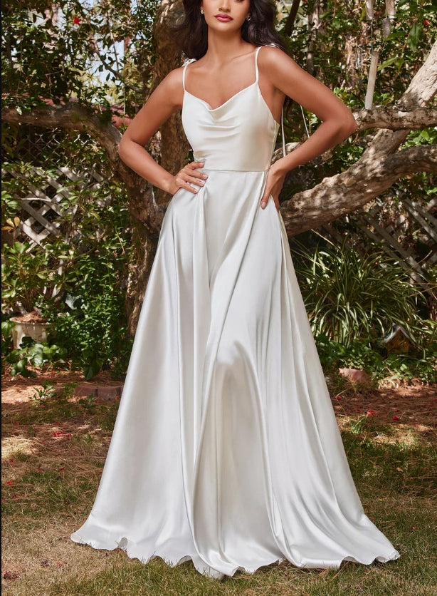 DingJiDress Wedding Dress December Wedding A-Line Satin Gown Cowl Neck Bodice Delicate Spaghetti Straps Open Back Floor Length Skirt Side Leg Slit Sweep train Back Zipper Dress