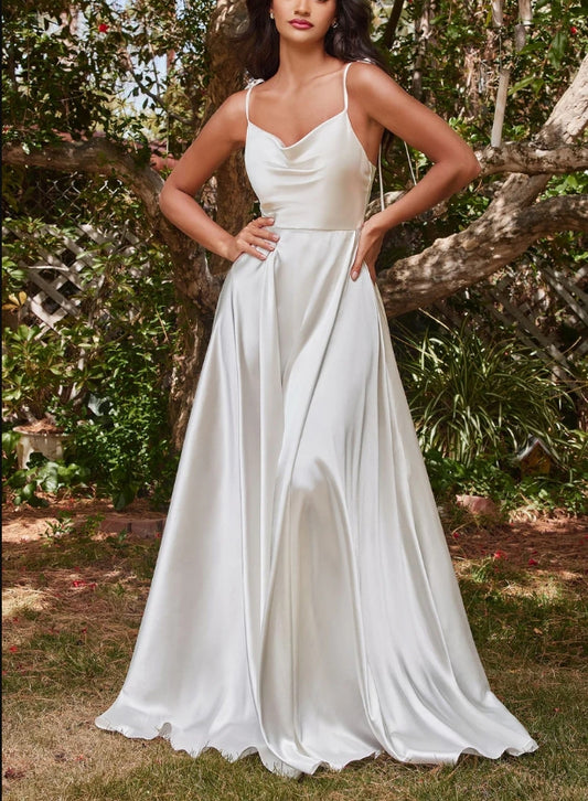 DingJiDress Wedding Dress December Wedding A-Line Satin Gown Cowl Neck Bodice Delicate Spaghetti Straps Open Back Floor Length Skirt Side Leg Slit Sweep train Back Zipper Dress