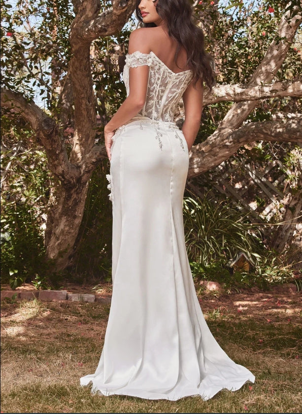 DingJiDress Wedding Dress December Wedding Off Shoulder With Lace Adorned Sheer Bodice Soft Satin With Thigh High Leg Slit Detailed Flowers Beading Elegant Luxury Dress