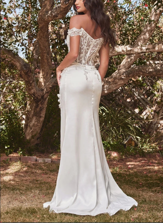 DingJiDress Wedding Dress December Wedding Off Shoulder With Lace Adorned Sheer Bodice Soft Satin With Thigh High Leg Slit Detailed Flowers Beading Elegant Luxury Dress