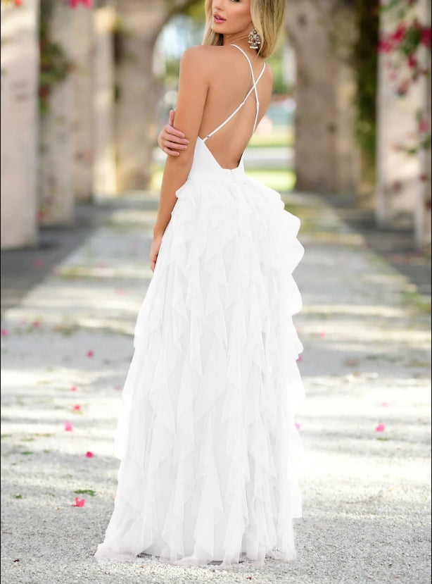 DingJiDress Wedding Dress December Wedding A-line sleeveless plunge V-neckline pleated bust adjustable spaghetti straps layered Irregular Unique Fantastic Dress