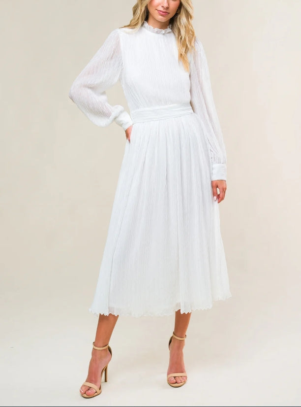 DingJiDress Wedding Dress December Wedding High Neckline Ruffled Edge Long Sleeve Cuff Full Skirt Back Zipper Closure Elegant Simple Dress