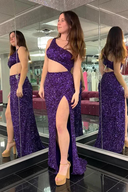 DingJiDress One Shoulder Evening Dress Cutout Sequin Mermaid Long Prom Dresses Purple