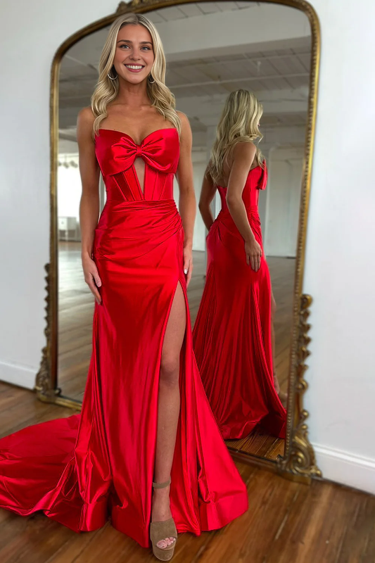 DingJiDress Cute Mermaid Strapless Long Satin Pleated with Slit and Bowknot Elegant Prom Dress