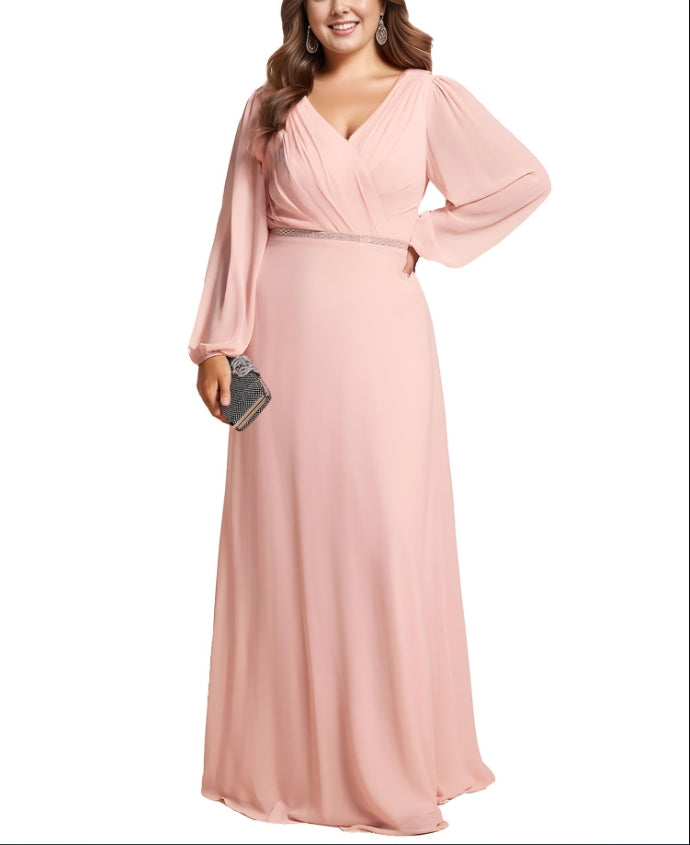 Mother of the Bride or Groom Dresses Women's Beads Waist Long Sleeves V Neck Plus Size Formal Dress Wedding Guests Dresses