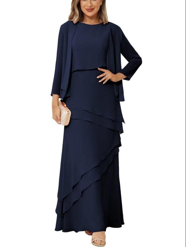 Mother of the Bride or Groom Dresses Chiffon Long Sleeve Jacket Long Formal Dress Ruffles Wedding Guests Dresses