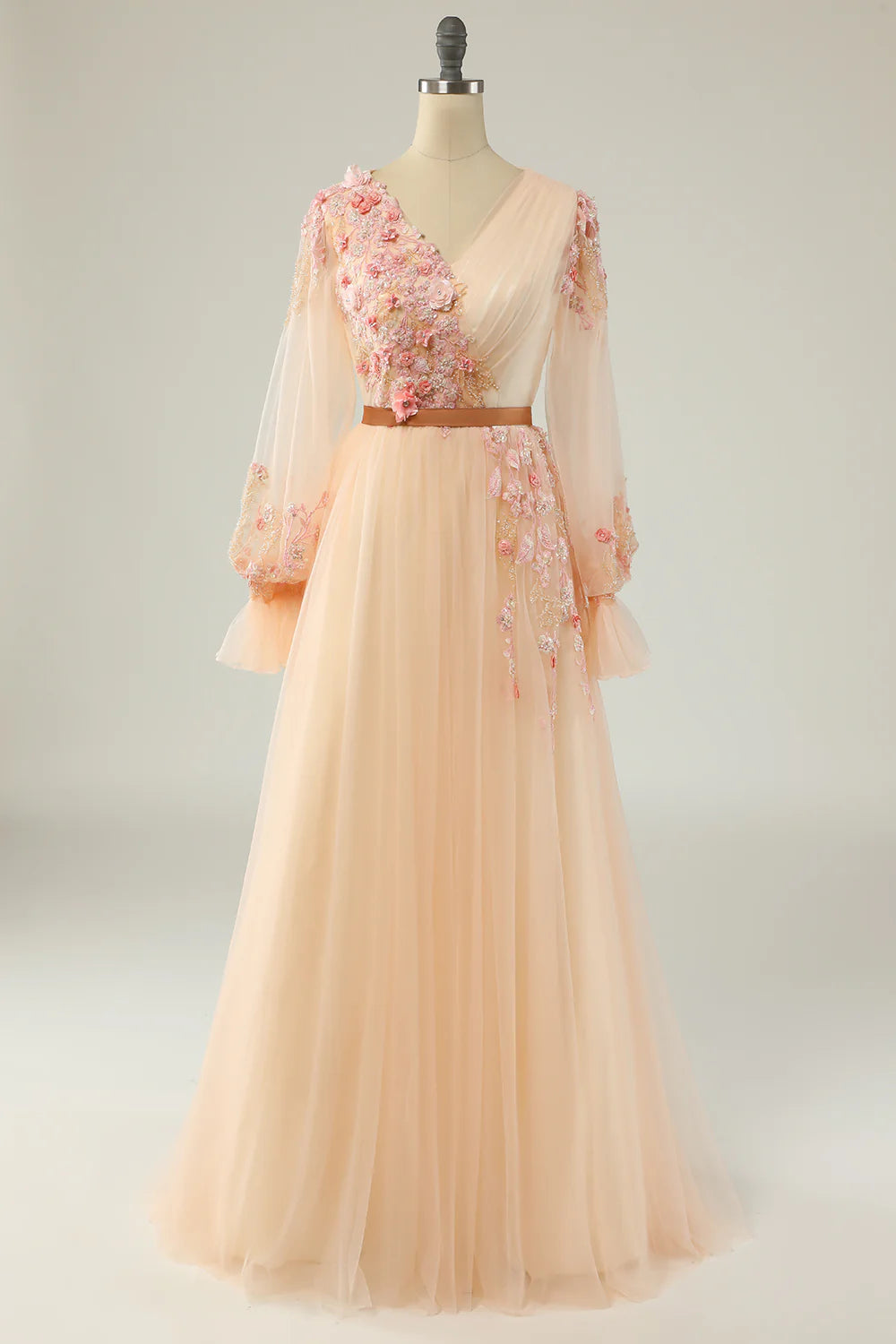 DingJiDress Elegant A Line V Neck Apricot Long Prom Dress with Appliques