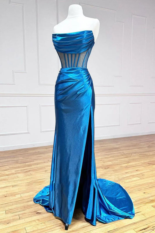 DingJiDress Elegant Mermaid Strapless Sweep Train Satin With Split And Pleating Prom Dress