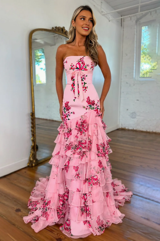 DingJiDress Pretty Strapless Long Mermaid with Ruffle Print Chiffon Skirt Retro Prom Dress