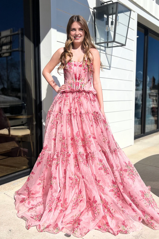 DingJiDress Charming A-Line Strapless Long Retro Print Tulle Romantic Prom Dress