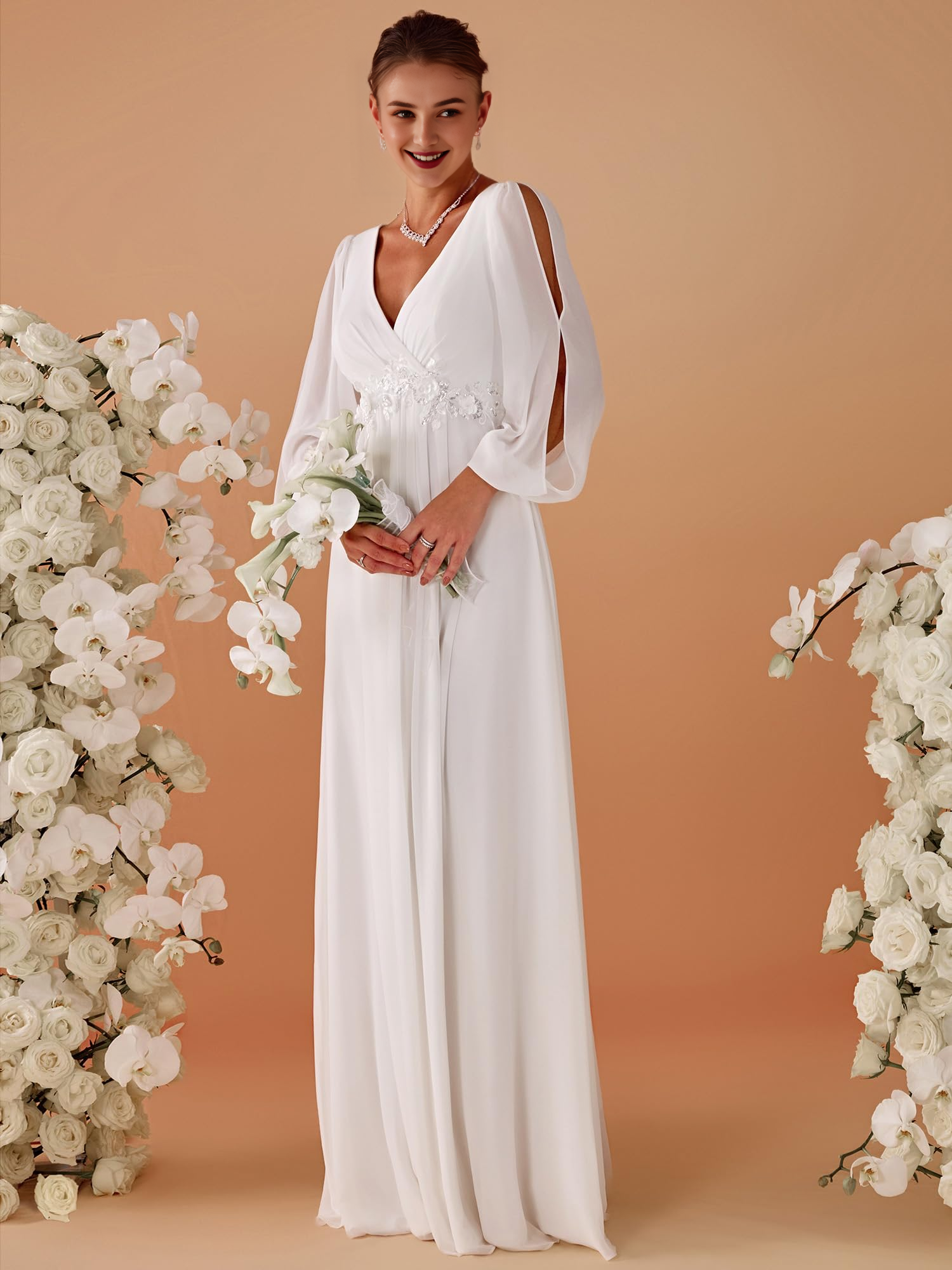 DingJiDress Wedding Dress Neck Long Sleeves Floor Length Ruched Chiffon Formal Women's Dresses