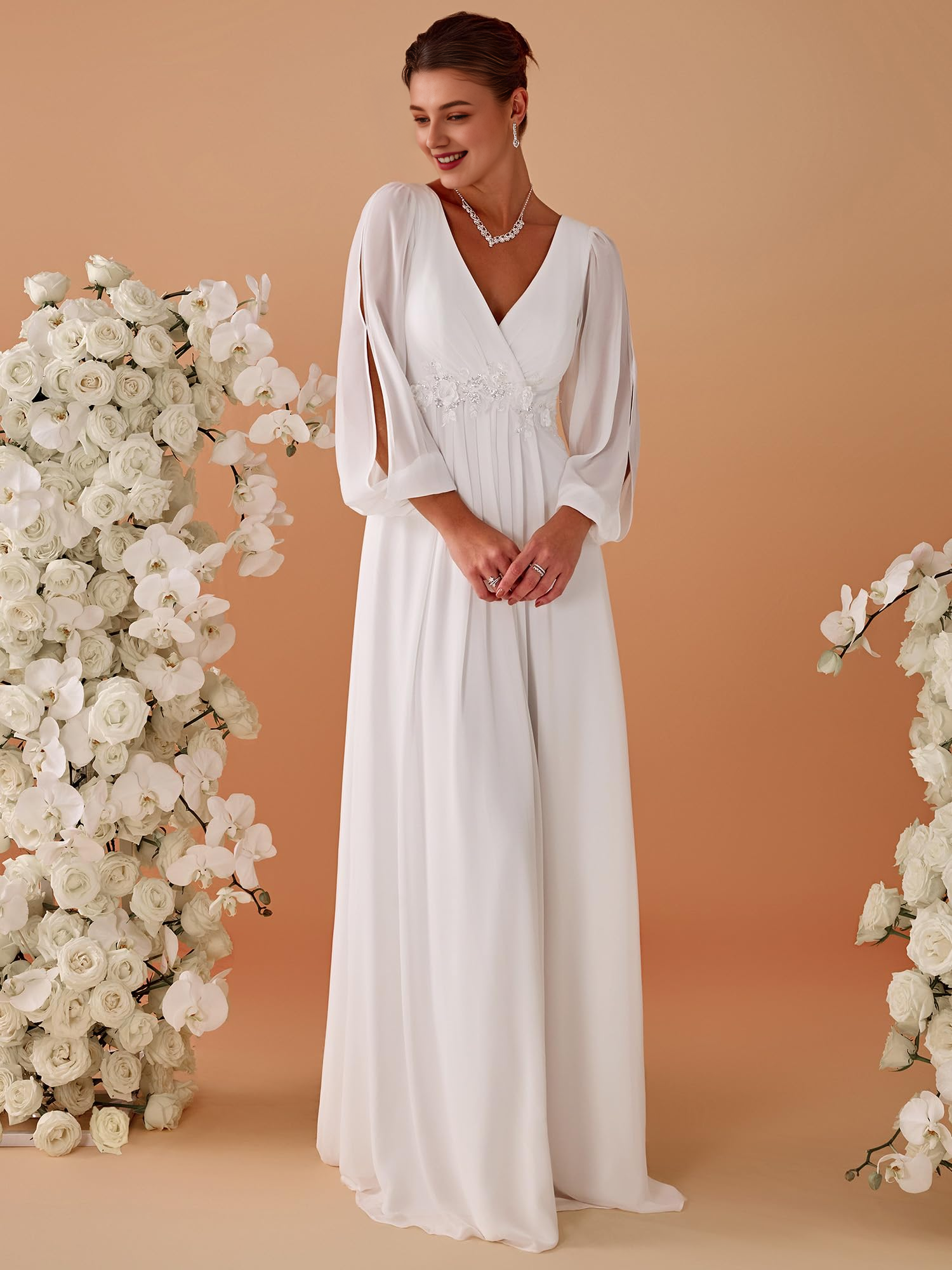 DingJiDress Wedding Dress Neck Long Sleeves Floor Length Ruched Chiffon Formal Women's Dresses