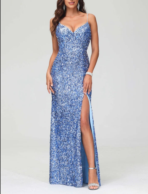 DingJiDress Evening Dress Sheath V-neck Spaghetti Strap Bodycon Sequin Floor Length Dress With Slit Simple Formal Dress