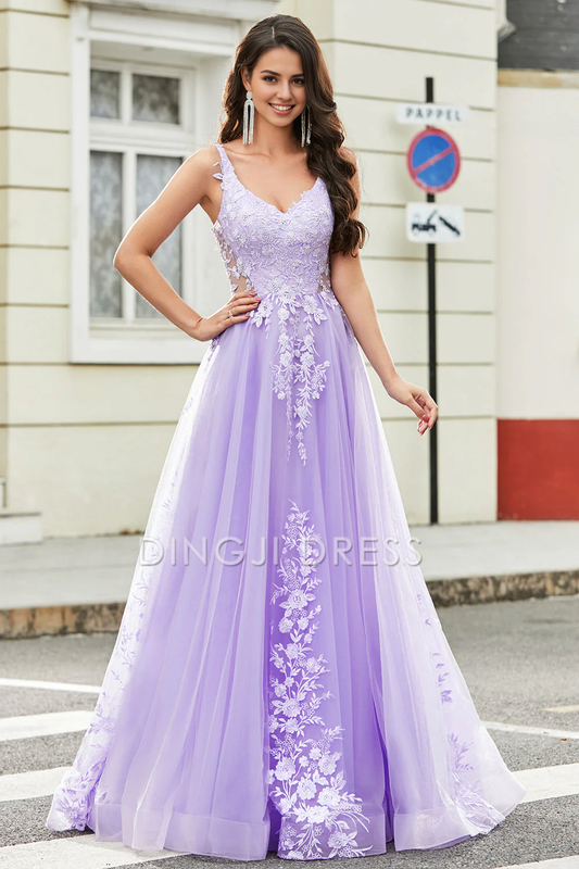 DingJiDress High Quality Dress Evening Dress Gorgeous A Line V Neck Spaghetti Straps Backless Tulle Appliques Long Prom Dress