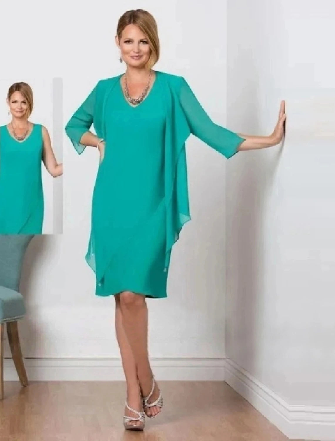 Two Piece Mother of the Bride Dress Fall Wedding Guest Simple Elegant V Neck Knee Length Chiffon 3/4 Length Sleeve