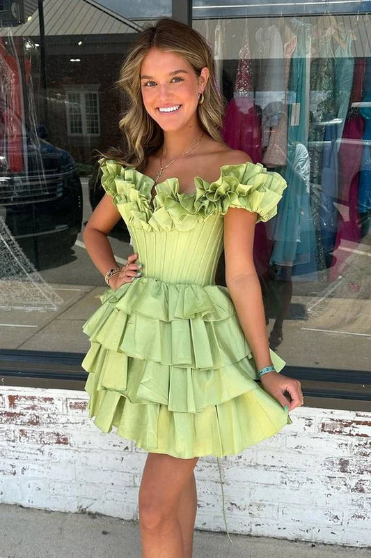 DingJiDress A-Line Empire-Waist Short Homecoming Dress Hot Pink Off the Shoulder Ruffle Satin