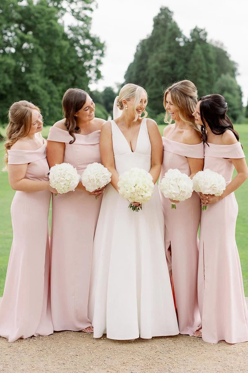 Elegant Simple Light Pink Mermaid Off the Shoulder Sleeveless Side Fork Low Cost Floor Length Bridesmaid Dresses